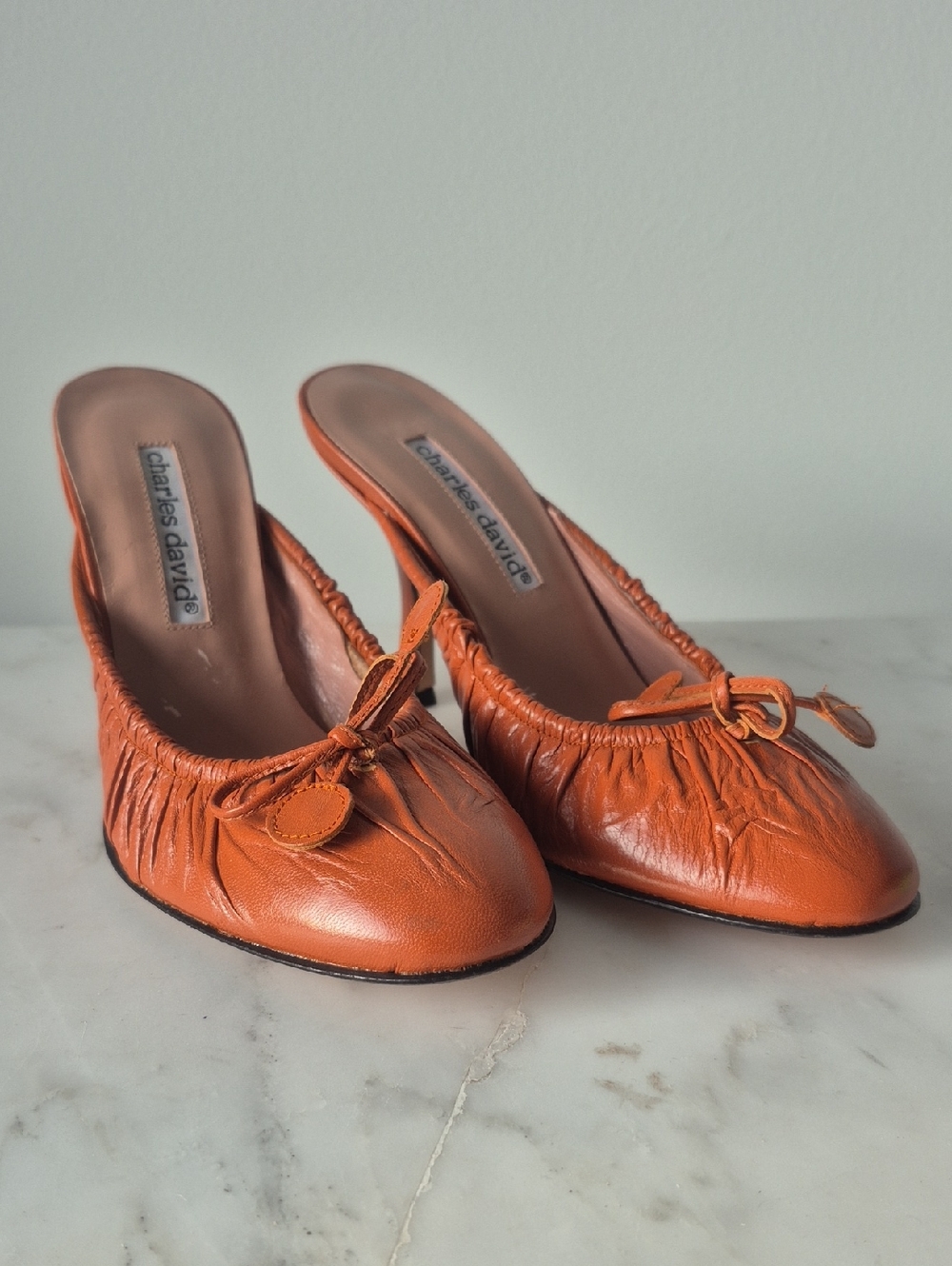 Charles David Orange  Ruched Leather Mule Heels with Bow. Size 6